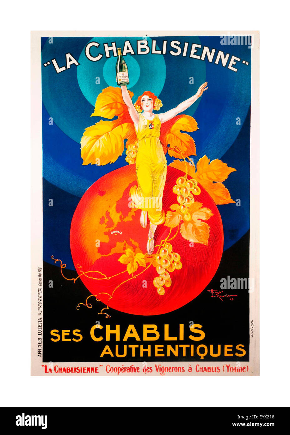 Vintage poster du vin français par Henry Le Monnier 'La Chablisienne" 1926 Banque D'Images