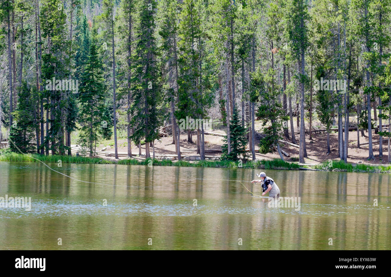 Fly fisherman casting ligne de pêche sur le lac Sprague immaculé alpin Rocky Mountains National Park Colorado USA Banque D'Images