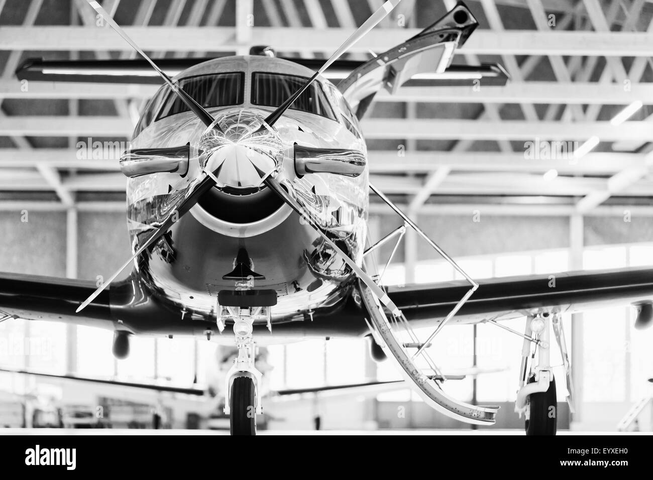 Seul aéronef à turbopropulseur Pilatus PC-12 dans le hangar. Stans, Suisse, le 29 novembre 2010 Banque D'Images