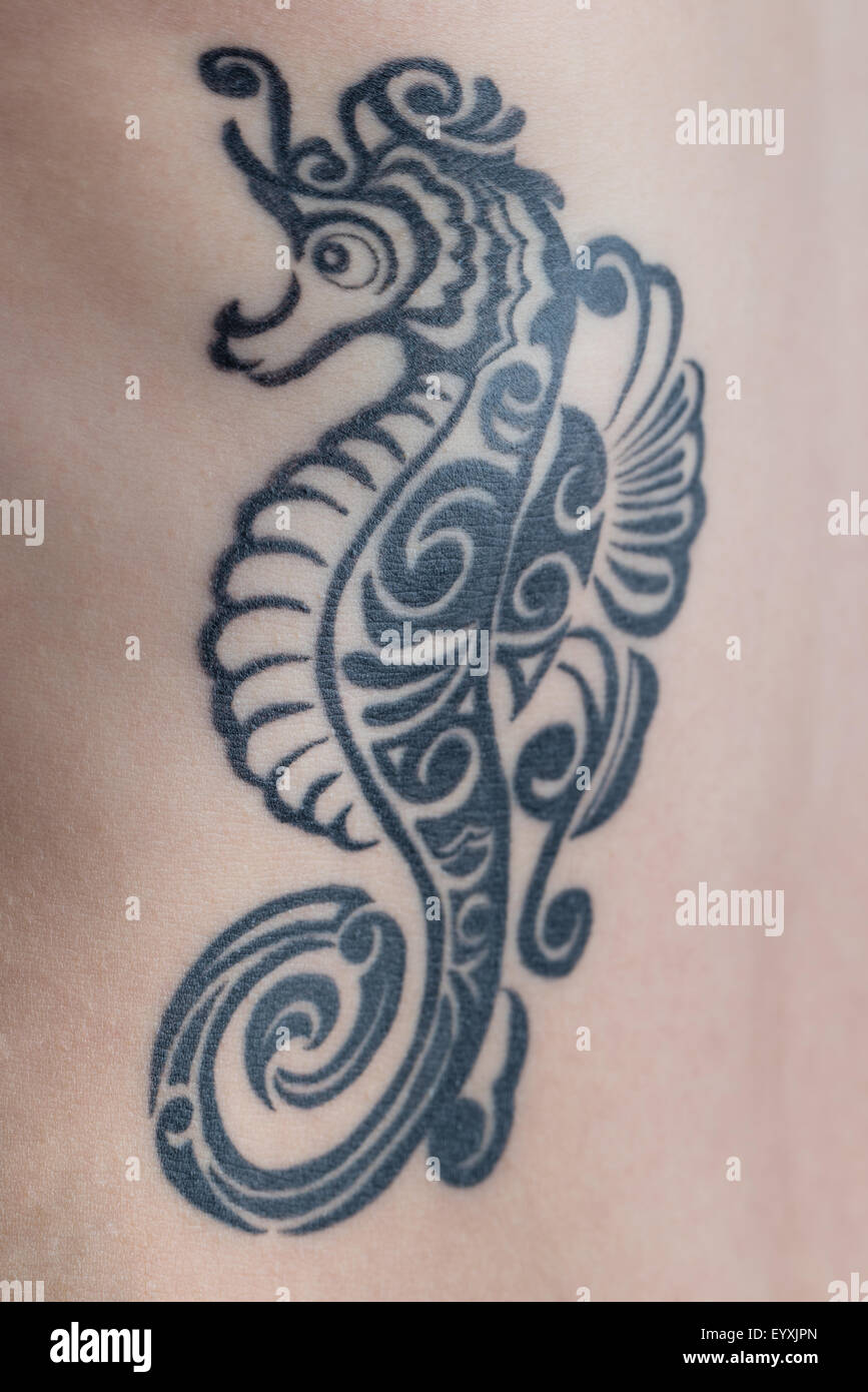 Un tatouage d'un hippocampe noir style tribal sur les côtes d'une femme. Banque D'Images