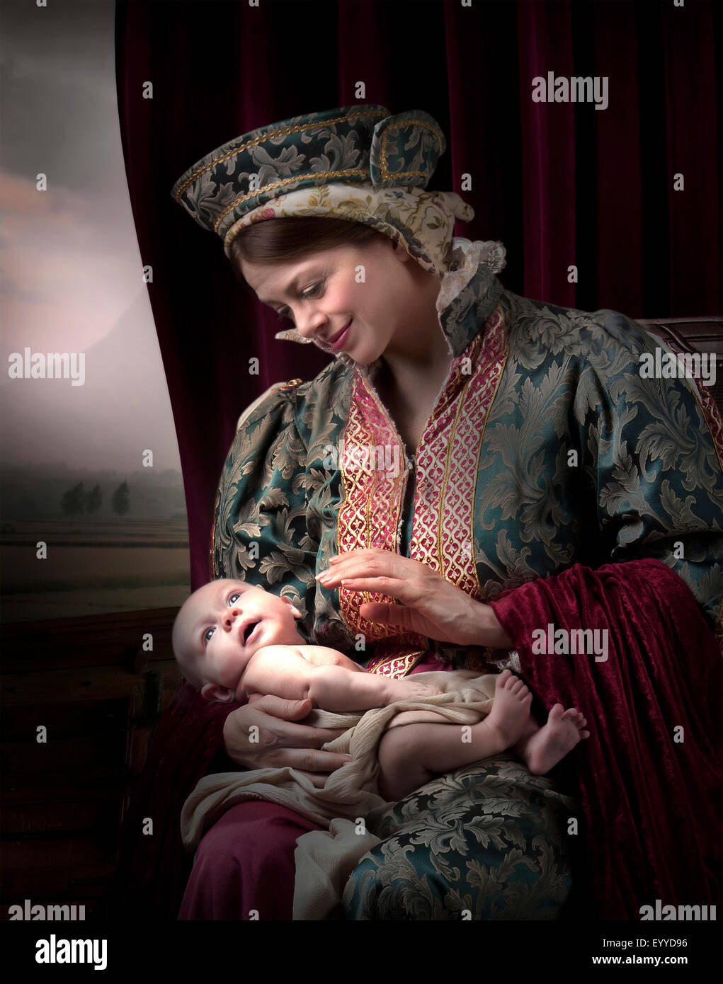 Caucasian mother holding baby son médiévale Banque D'Images