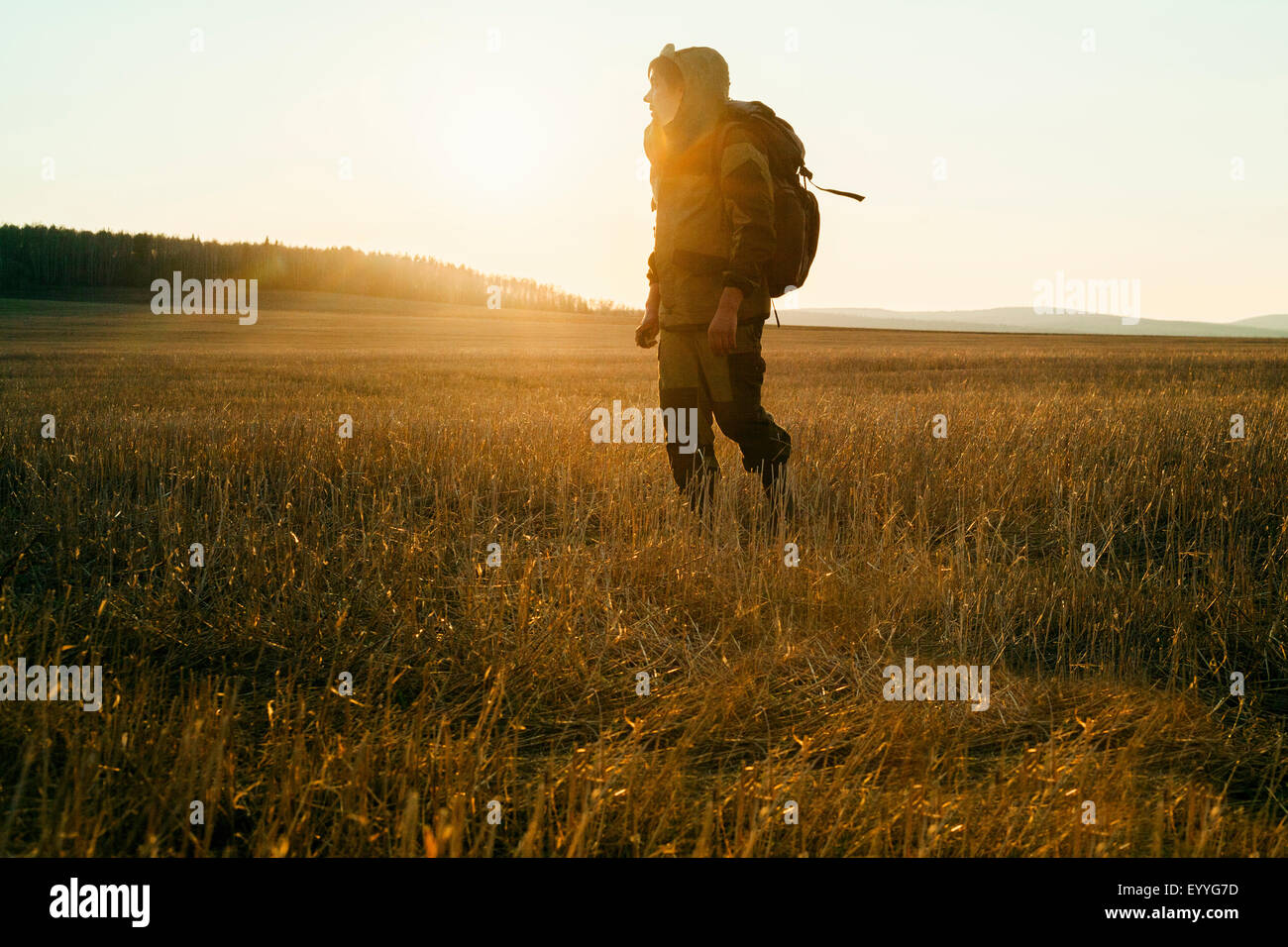 Mari man walking in rural field au lever du soleil Banque D'Images