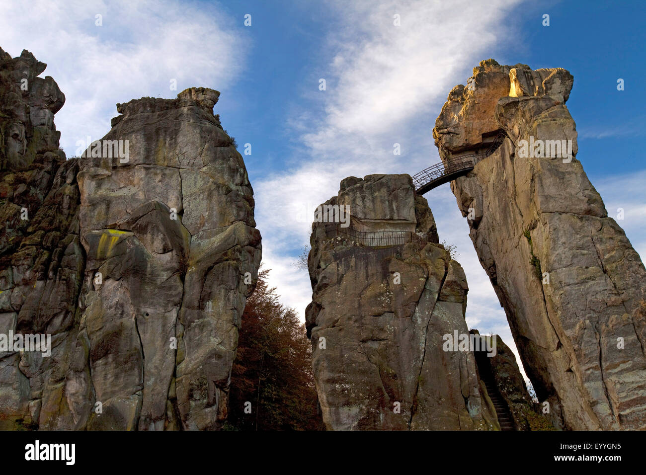 Externsteine, piliers de grès avec pont, forêt de Teutoburg, en Allemagne, en Rhénanie du Nord-Westphalie, à l'Est de la Westphalie, Horn-Bad Meinberg Banque D'Images