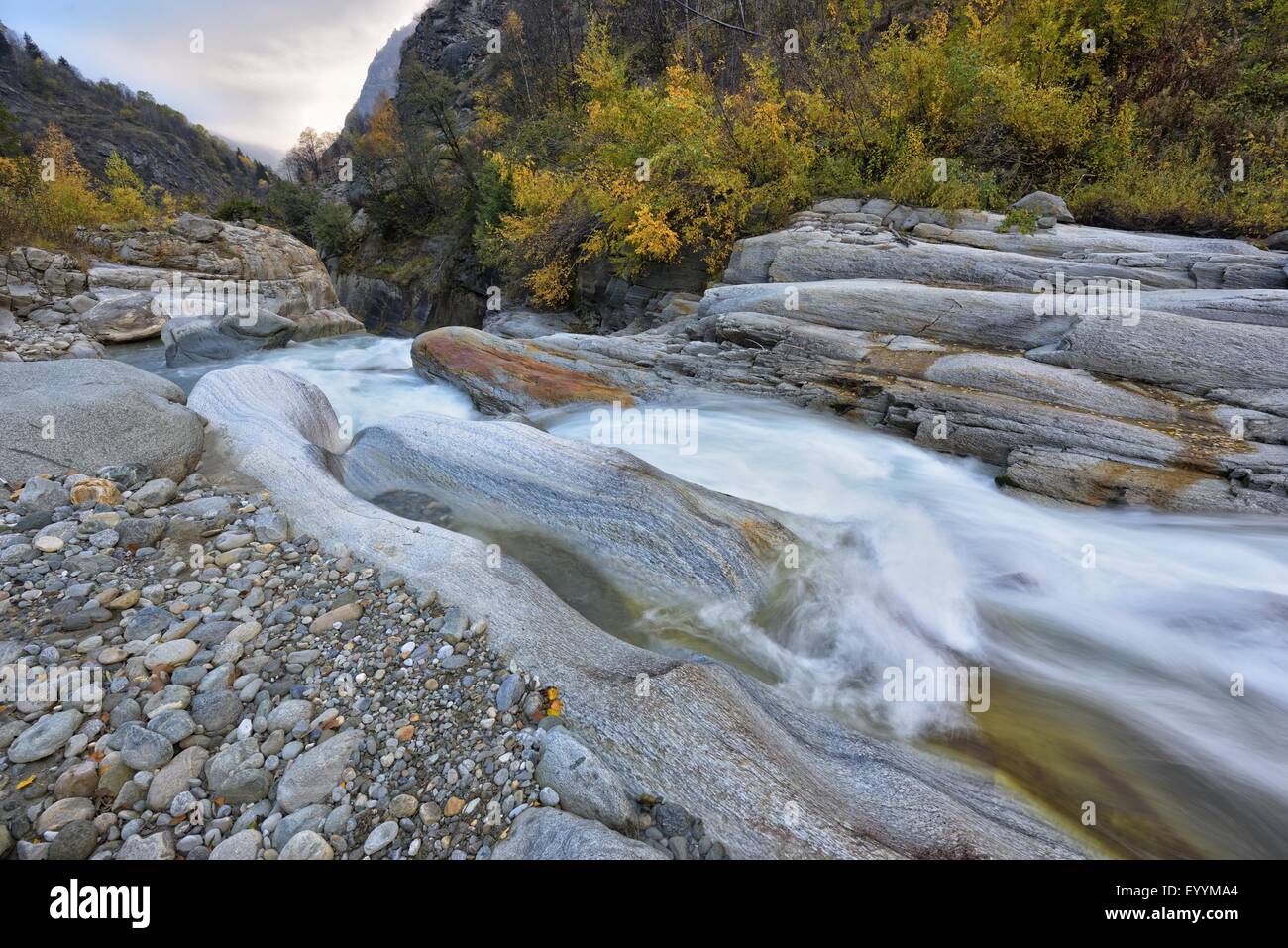 Humeur d'automne lors d'une rivière de montagne dans le Parc National du Grand Paradis, en Italie, Gran Paradiso National Park Banque D'Images