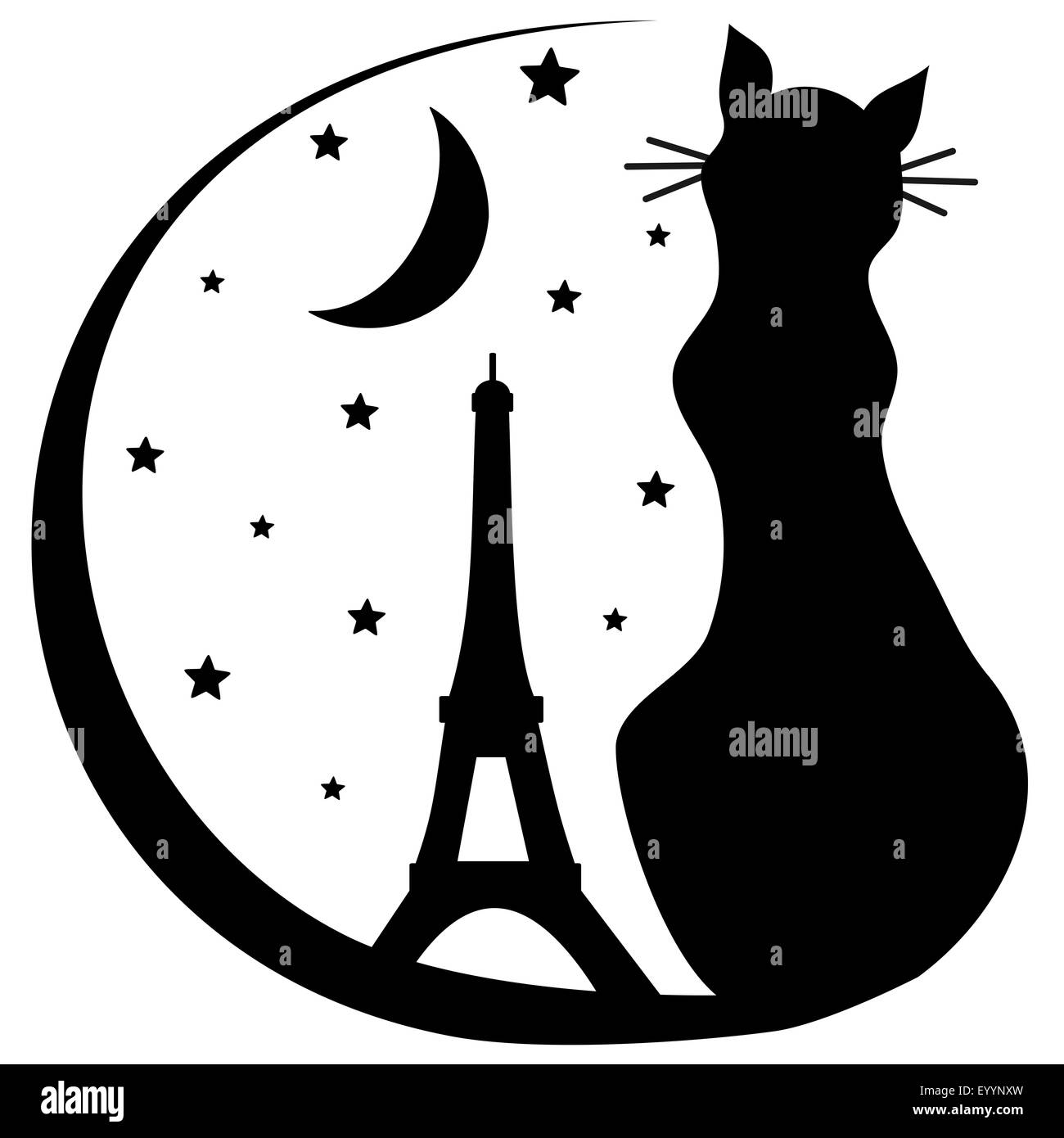 Chat avec Eiffel tower silhouette illustration logo noir et blanc Banque D'Images