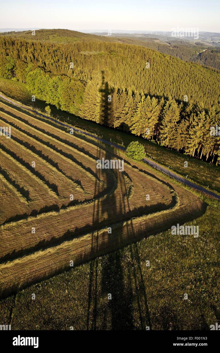 Sur le paysage avec l'ombre de la tour Schomberg près de Sundern, Allemagne, Rhénanie du Nord-Westphalie, Rhénanie-Palatinat, Sundern Banque D'Images