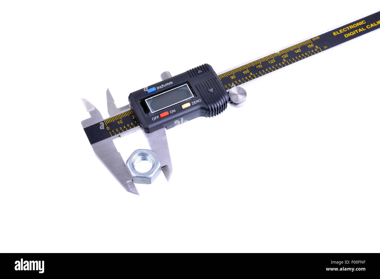 Plan Macro sur un étrier avec un écrou isolated on white Banque D'Images