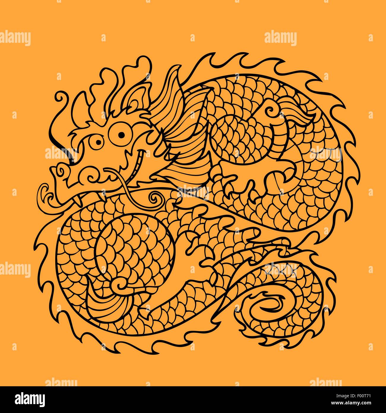 Dragon chinois caractère. Les dessins sur fond orange Illustration de Vecteur