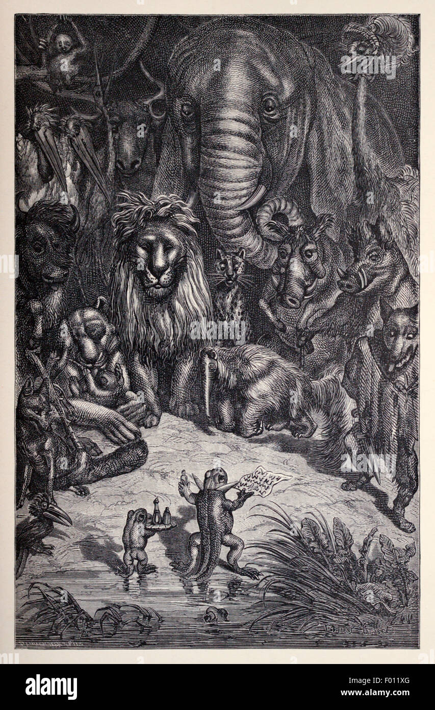 "La Grenouille et le renard' fable d'Ésope (vers 600 avant JC). Une Grenouille a proclamé lui-même médecin. Un renard a demandé à la Grenouille comment il peut guérir les autres lorsqu'il ne peut pas guérir de son propre aspect froissé. Médecin, guéris-toi toi-même. Illustration par Ernest Grisnet (1844-1907). Voir la description pour plus d'informations. Banque D'Images