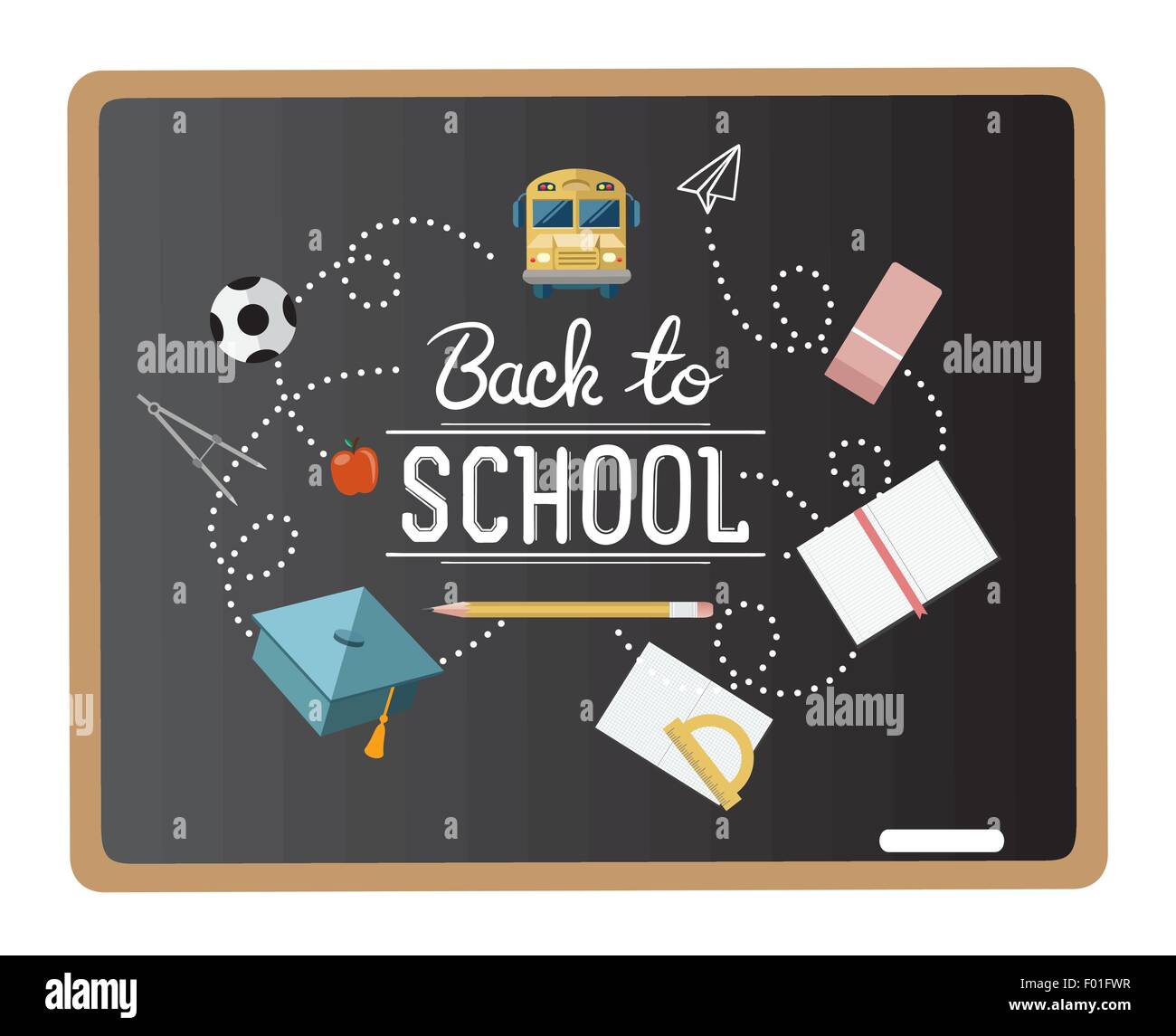 Message retour à l'école entouré par des icônes vector on chalkboard Illustration de Vecteur