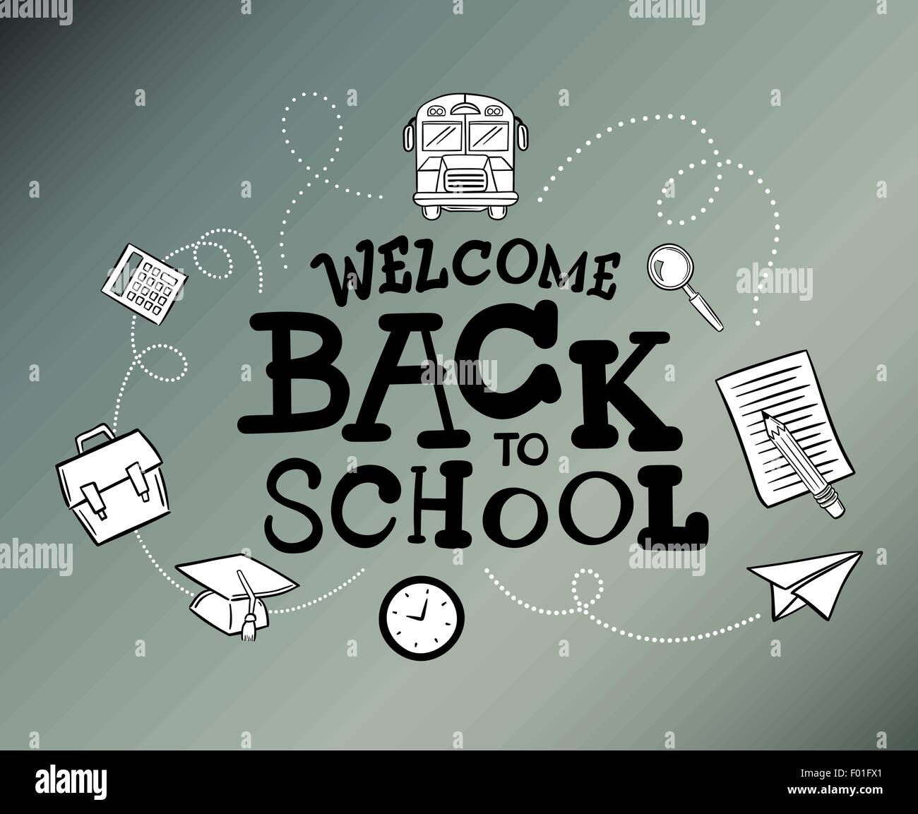 Message de bienvenue de nouveau à l'école entouré par des icônes vector contre l'arrière-plan gris Illustration de Vecteur