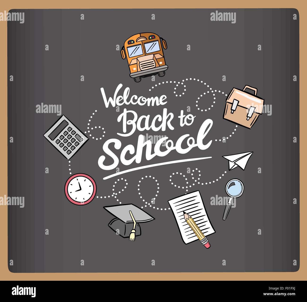 Message de bienvenue de nouveau à l'école entouré par des icônes vector on chalkboard Illustration de Vecteur