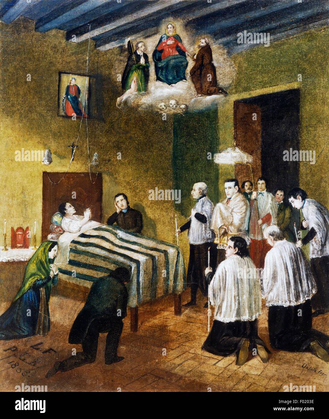 Homme malade entouré par des parents et des prêtres, ex voto, Italie, 19e siècle. Banque D'Images