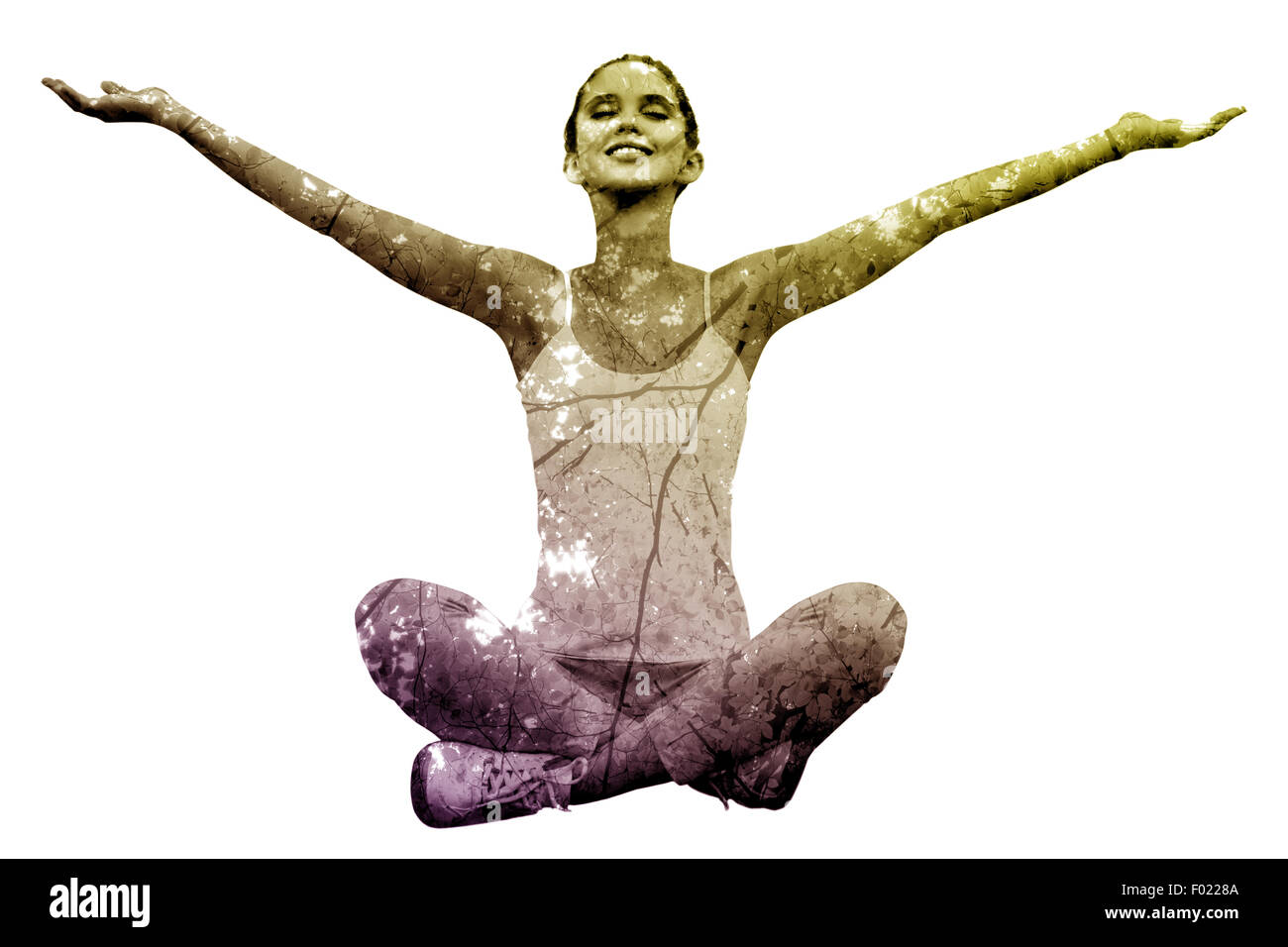 Image composite de woman sitting with arms raised Banque D'Images