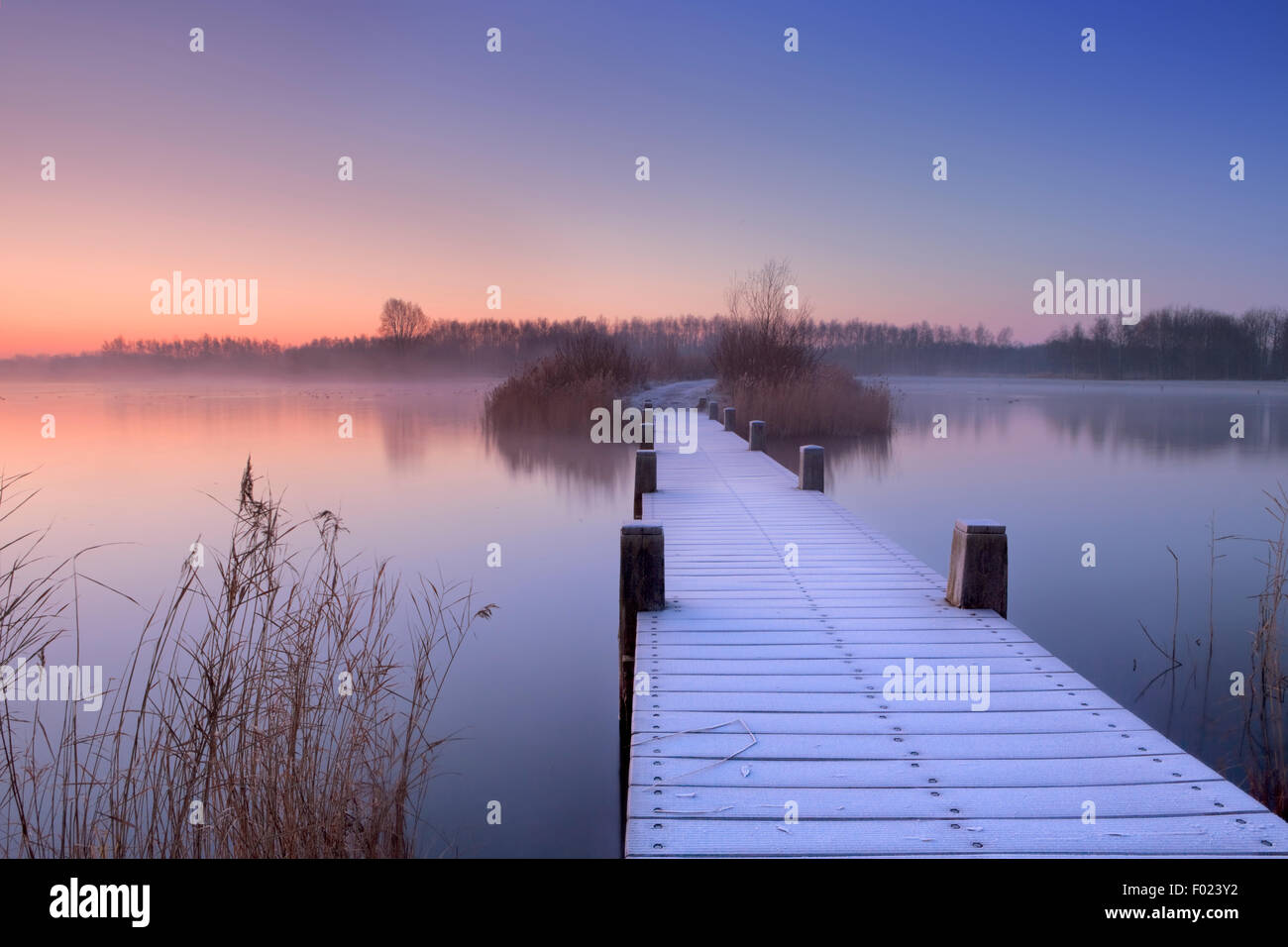 Un lac tranquille dans les Pays-Bas avec une promenade sur un matin tôt. Banque D'Images