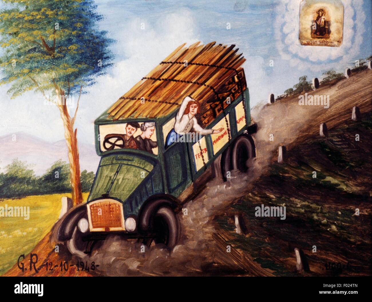 Van transporte du bois d'avoir un accident de la route, ex voto, Italie, 20e siècle. Banque D'Images