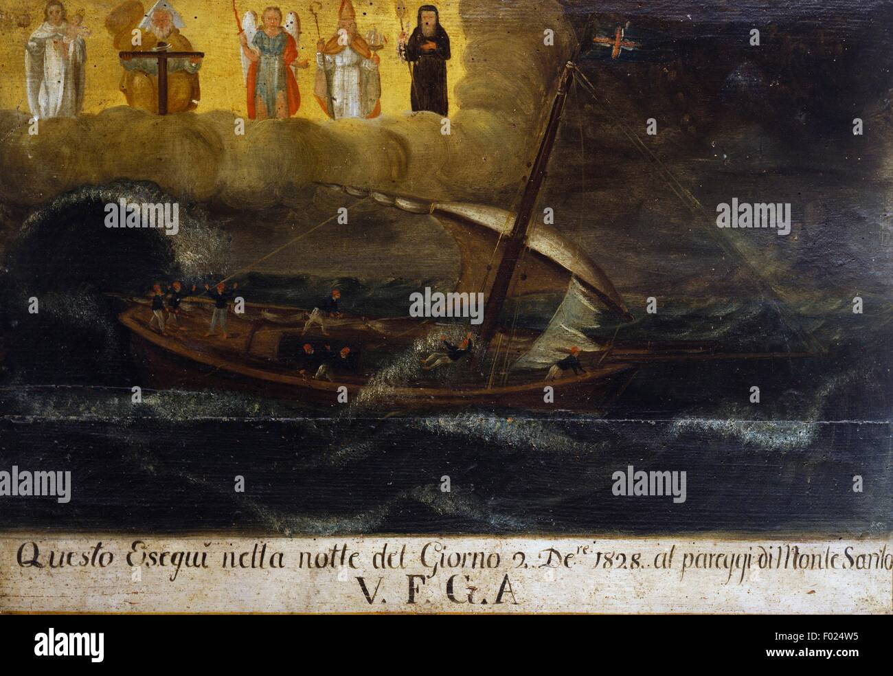 Voile sur la mer déchaînée, ex-voto marins, l'Italie, 19e siècle. Banque D'Images