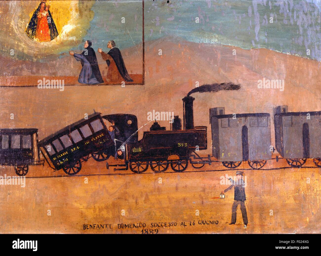 Déraillement, un accident entre deux trains, ex voto, Italie, 19e siècle. Banque D'Images