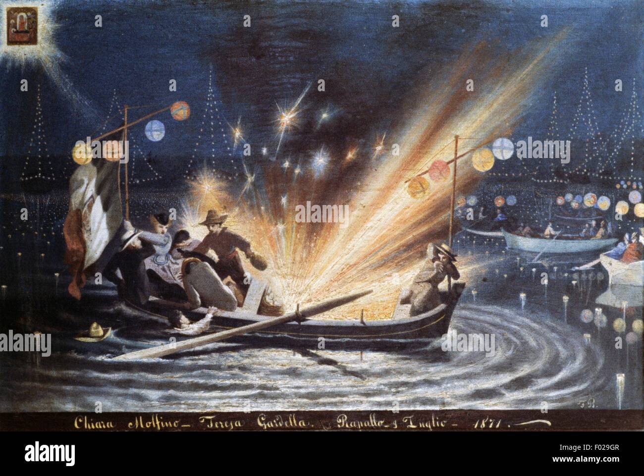 Explosion sur une barque, d'ex-voto de marins, de l'Italie. Banque D'Images