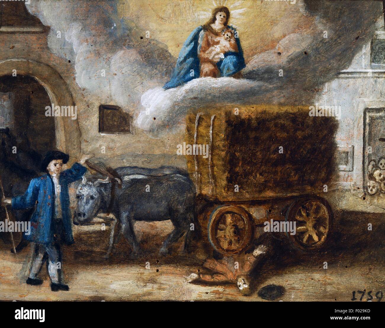 L'homme écrasé par un chariot transportant du foin, de l'ex voto, Italie. Banque D'Images