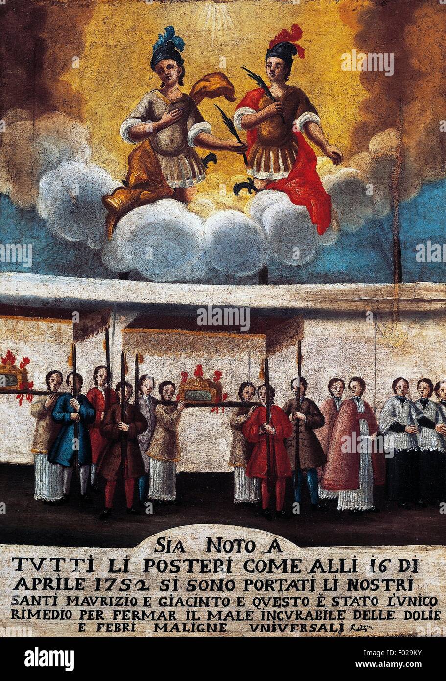 L'exécution fidèle St Maurice et Saint Hyacinthe en procession, patrons de Coccaglio, ex voto, l'église paroissiale de Coccaglio, aujourd'hui l'église paroissiale de St Jean le Baptiste, Lombardie, Italie, 1782. Banque D'Images