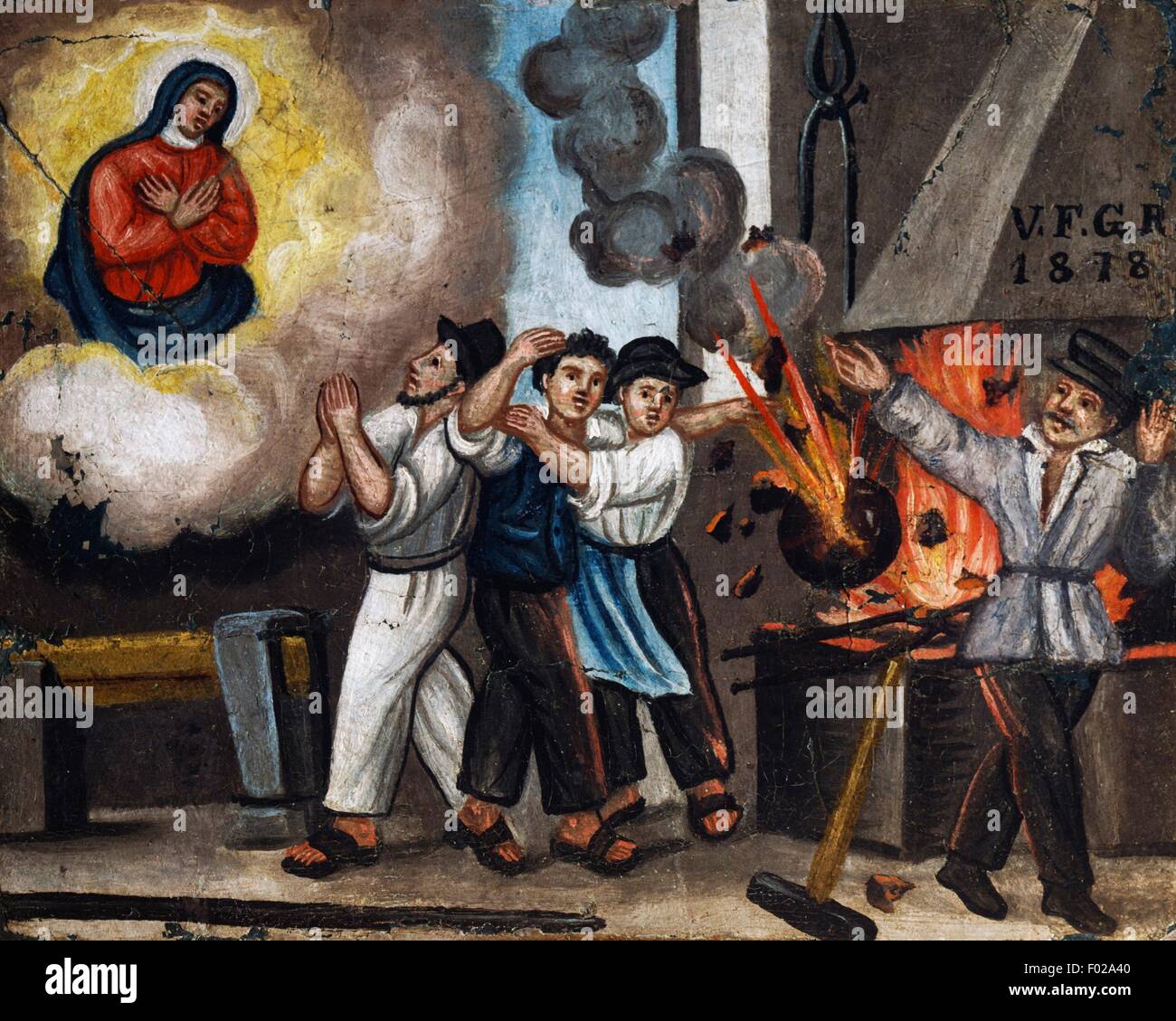 Accident de travail, d'explosion, ex voto, Italie, 1878. Banque D'Images