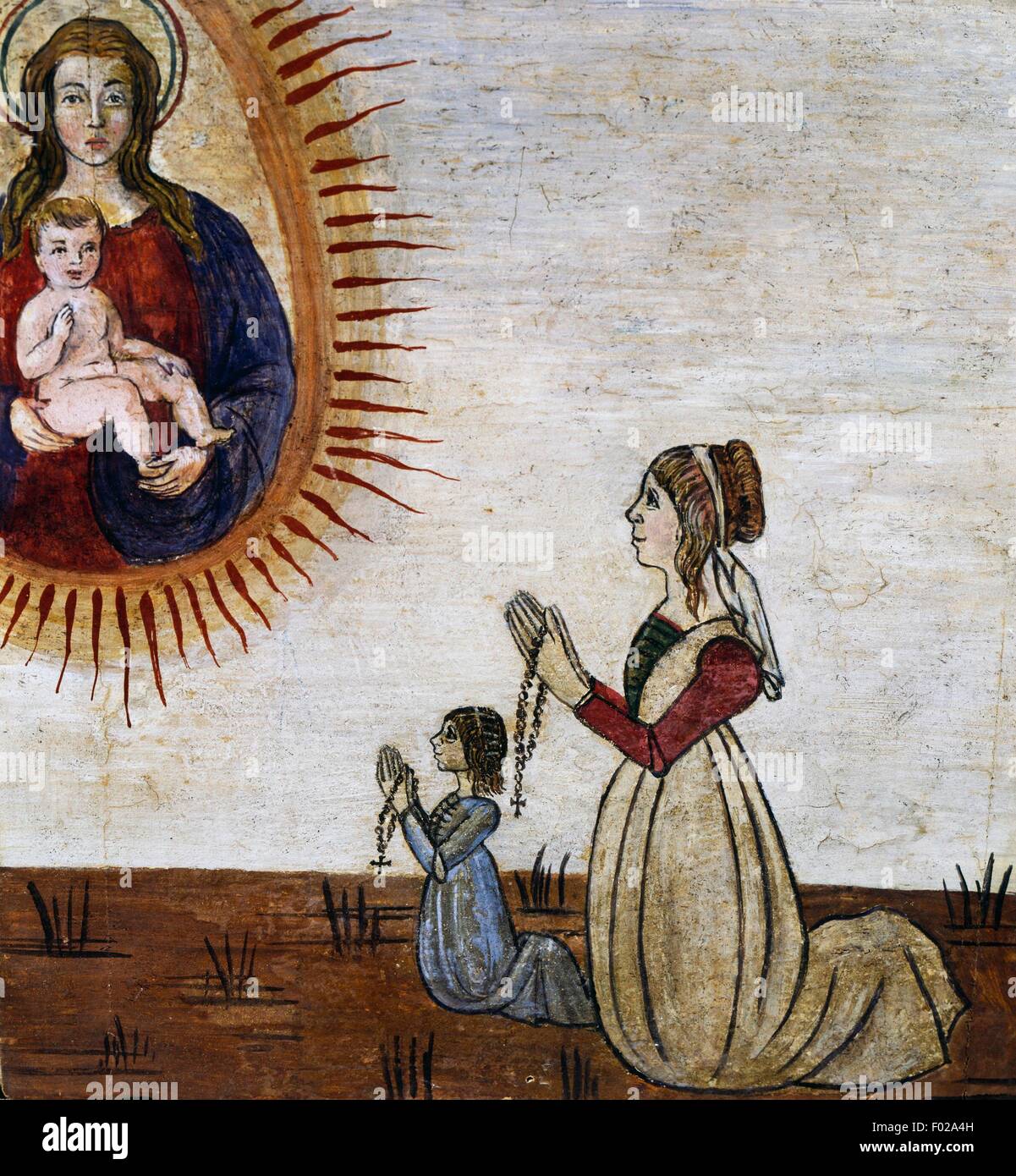 Femme avec enfant dans la prière holding rosary dans leurs mains, ex voto, Italie, 15e siècle. Banque D'Images