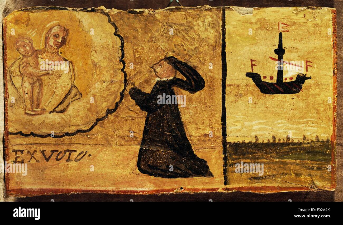 Homme à genoux dans la prière et le navire, ex voto, Italie, 15e siècle. Banque D'Images