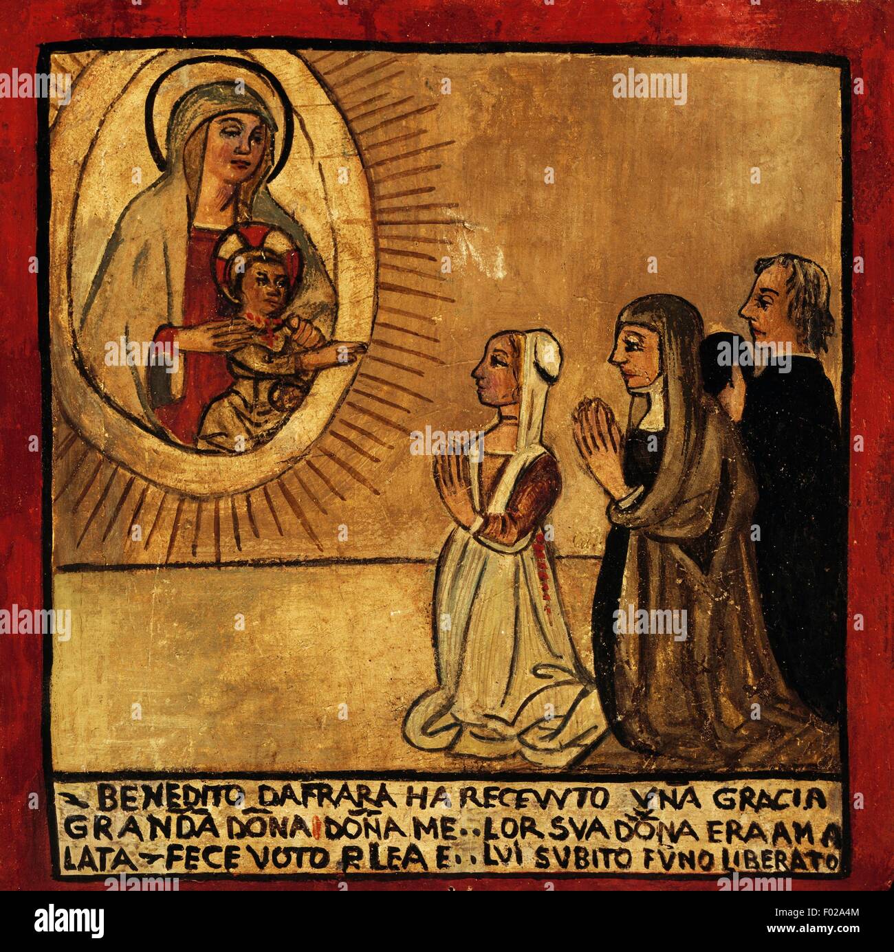 Des religieuses et des prêtres à genoux dans la prière, ex voto, Italie, 15e siècle. Banque D'Images