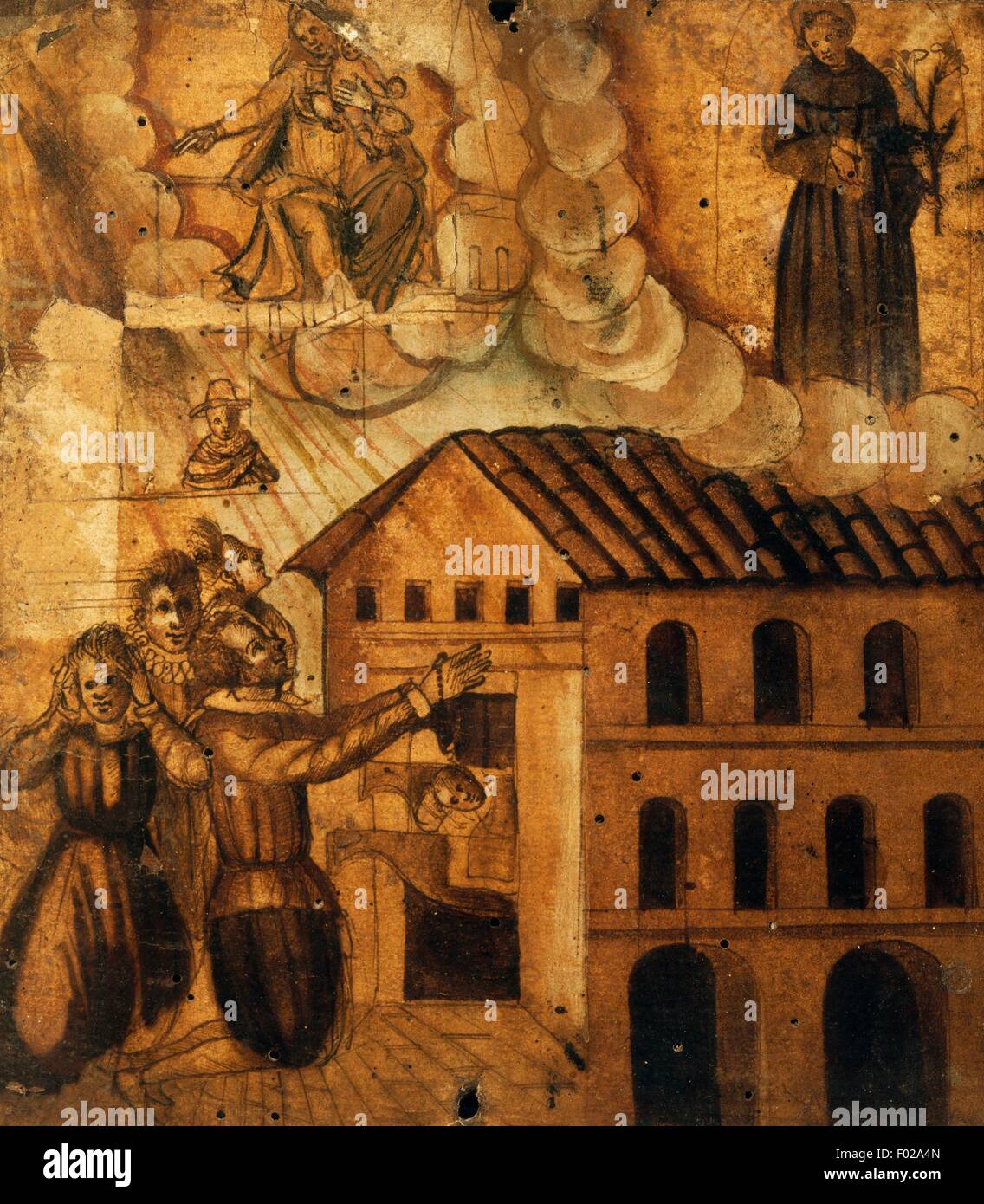 Fidèles en prière devant une maison en feu, ex voto, Italie, 17e siècle. Banque D'Images