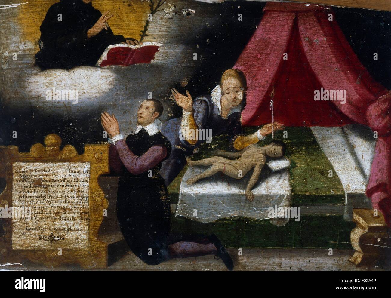 Enfant malade avec les parents, ex voto, Italie, 17e siècle. Banque D'Images