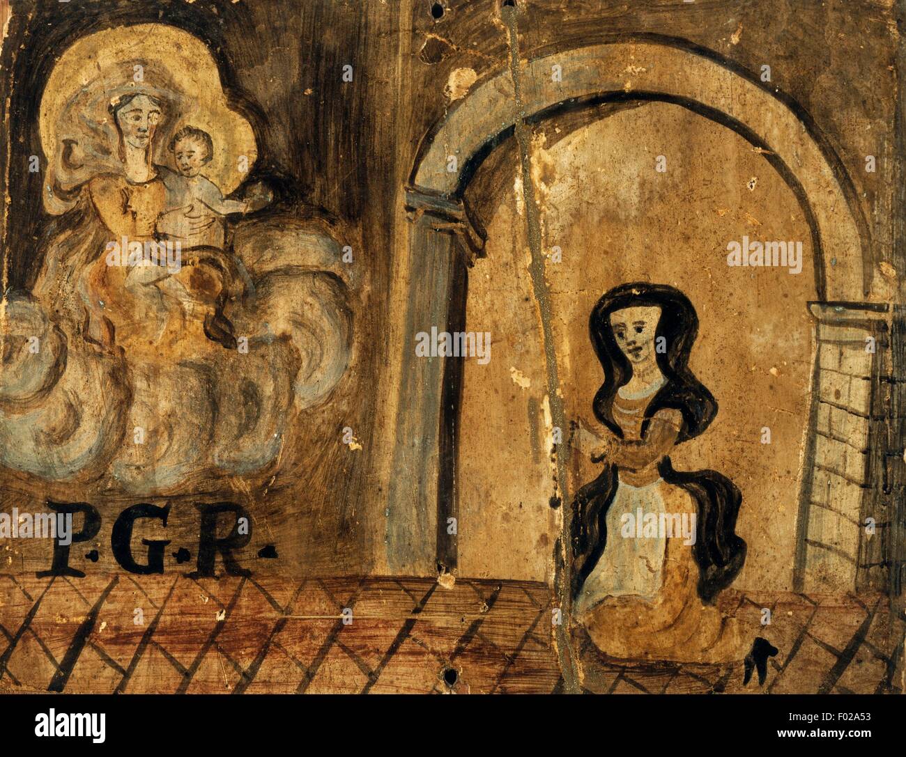 Femme agenouillée en prière, ex voto, Italie, 15e siècle. Banque D'Images