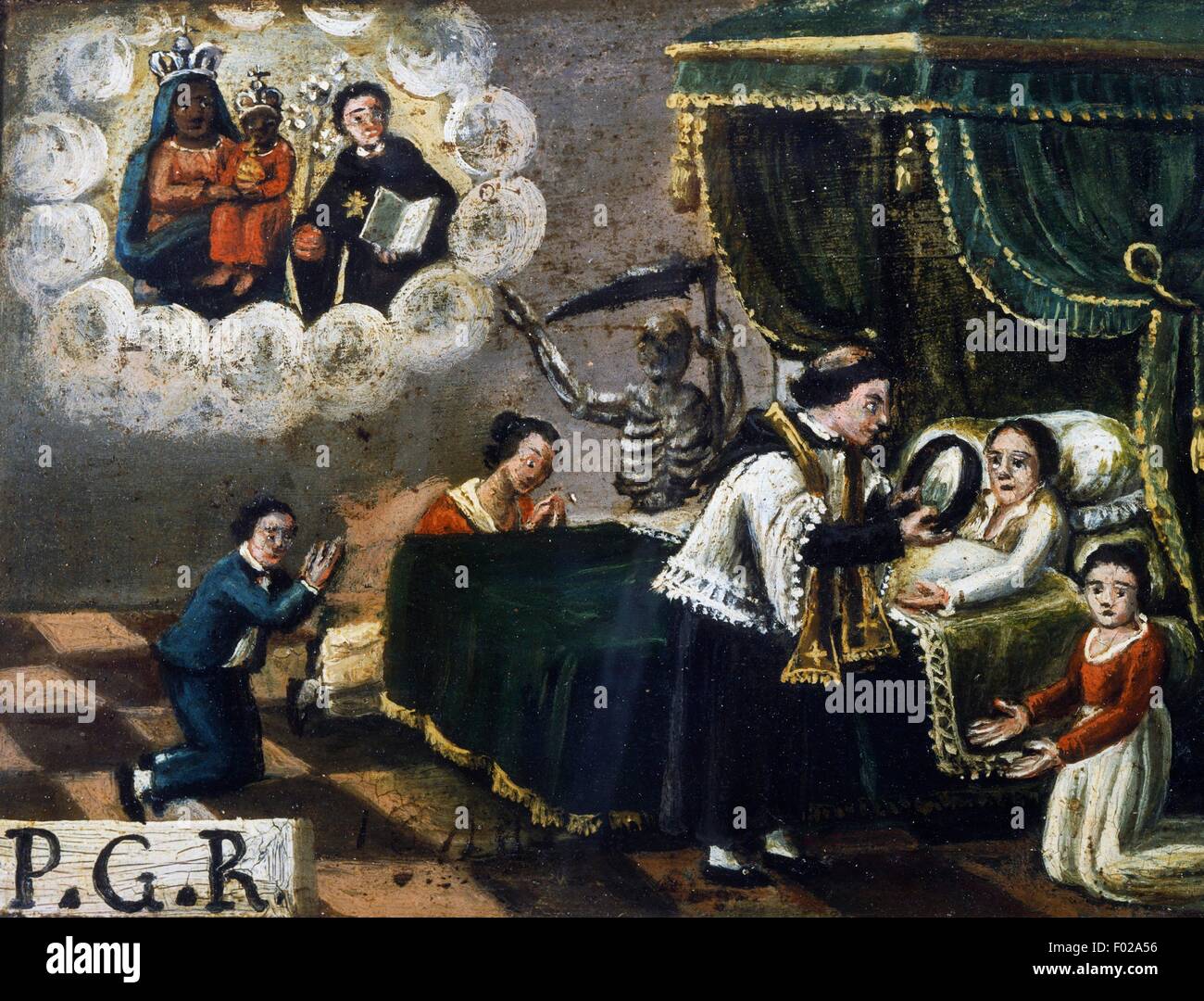 Femme malade au lit entourée de sa famille, un prêtre et la mort (squelette armé d'une faux), ex voto, Italie, 19e siècle. Banque D'Images