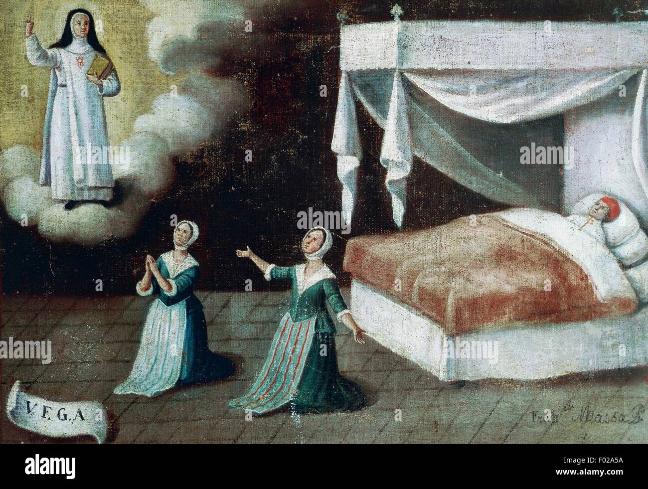 Homme malade au lit avec des femmes à genoux, ex voto, Italie. Banque D'Images