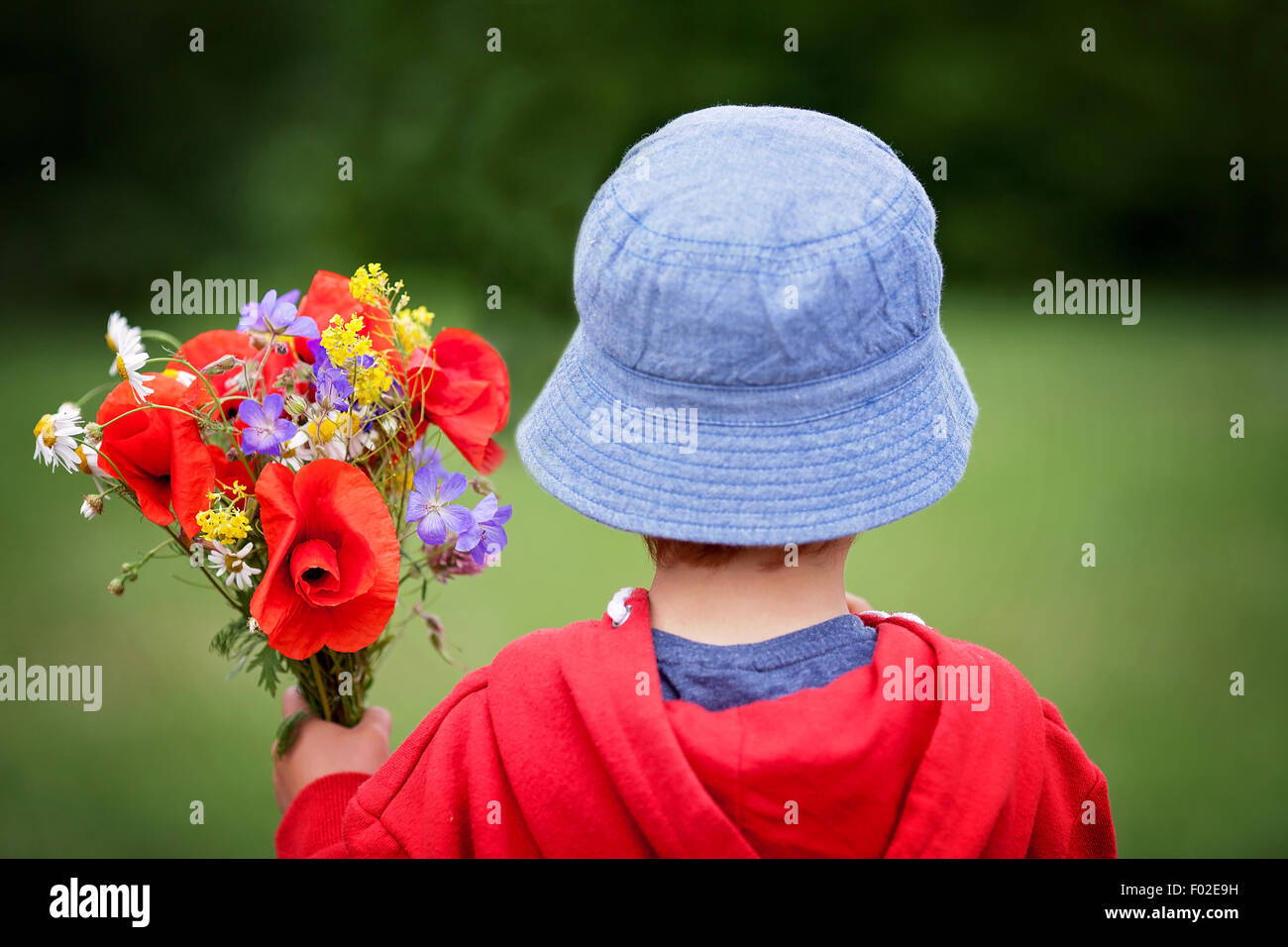 Vue arrière d'un garçon tenant un bouquet de fleurs multicolores, République tchèque Banque D'Images