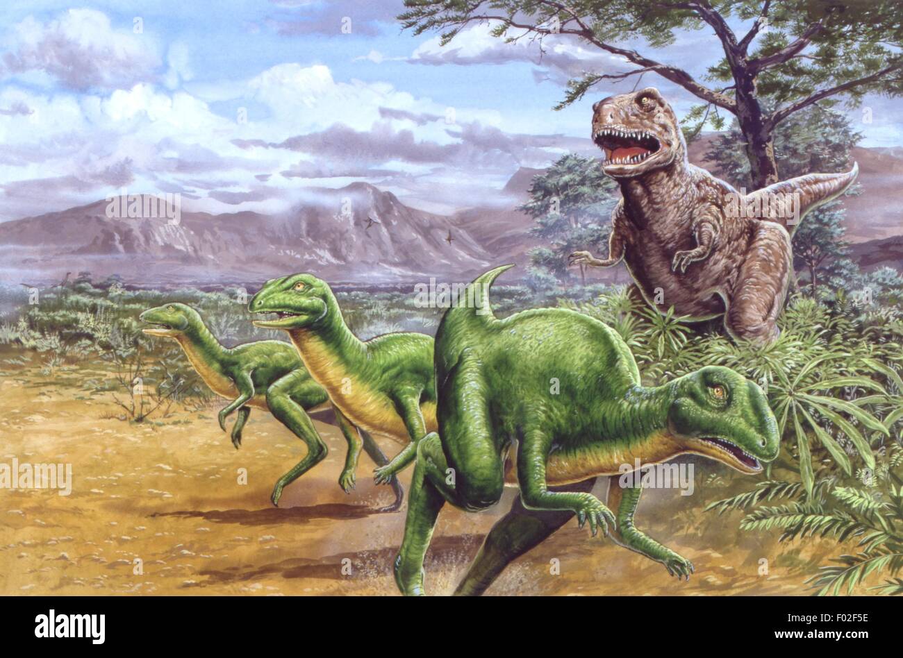 Paléozoologie - Crétacé - Dinosaures - Parksosaurus en prenant un vol de l'Albertosaurus - Art par Tim Hayward Banque D'Images