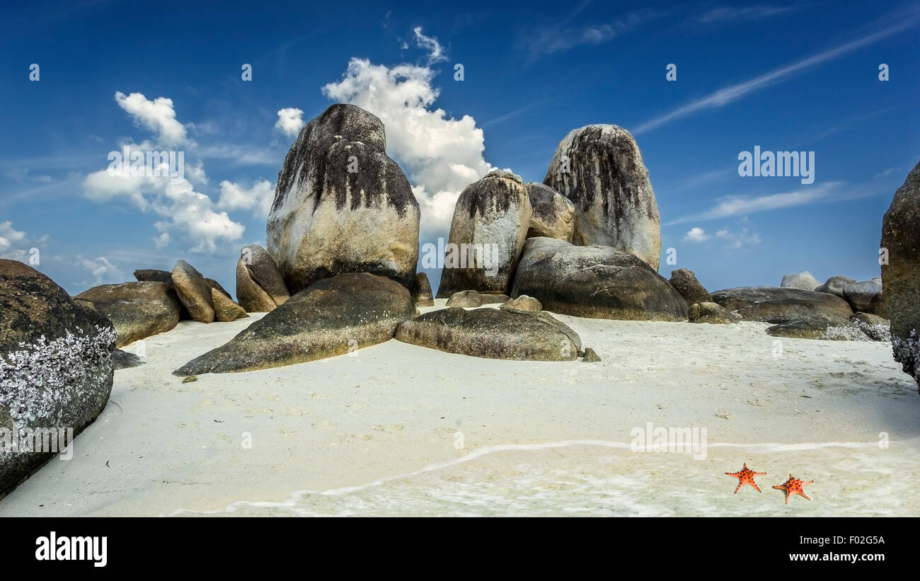 Les roches de granit et d'étoiles de mer sur la plage, l'île, l'Indonésie Belitung Banque D'Images