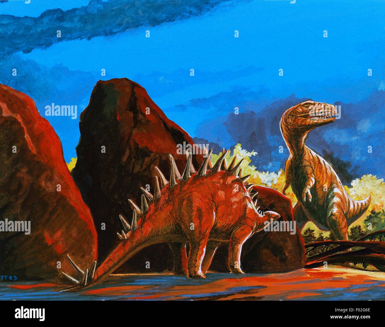 Le Stegosaurus longispinus, Stegosauridae, et T Rex (Tyrannosaurus rex), Tyrannosauridae, fin du Crétacé. Artwork by Dang. Banque D'Images Le Stegosaurus longispinus, Stegosauridae, et T Rex (Tyrannosaurus rex), Tyrannosauridae, fin du Crétacé. Artwork by Dang. Banque D'Images