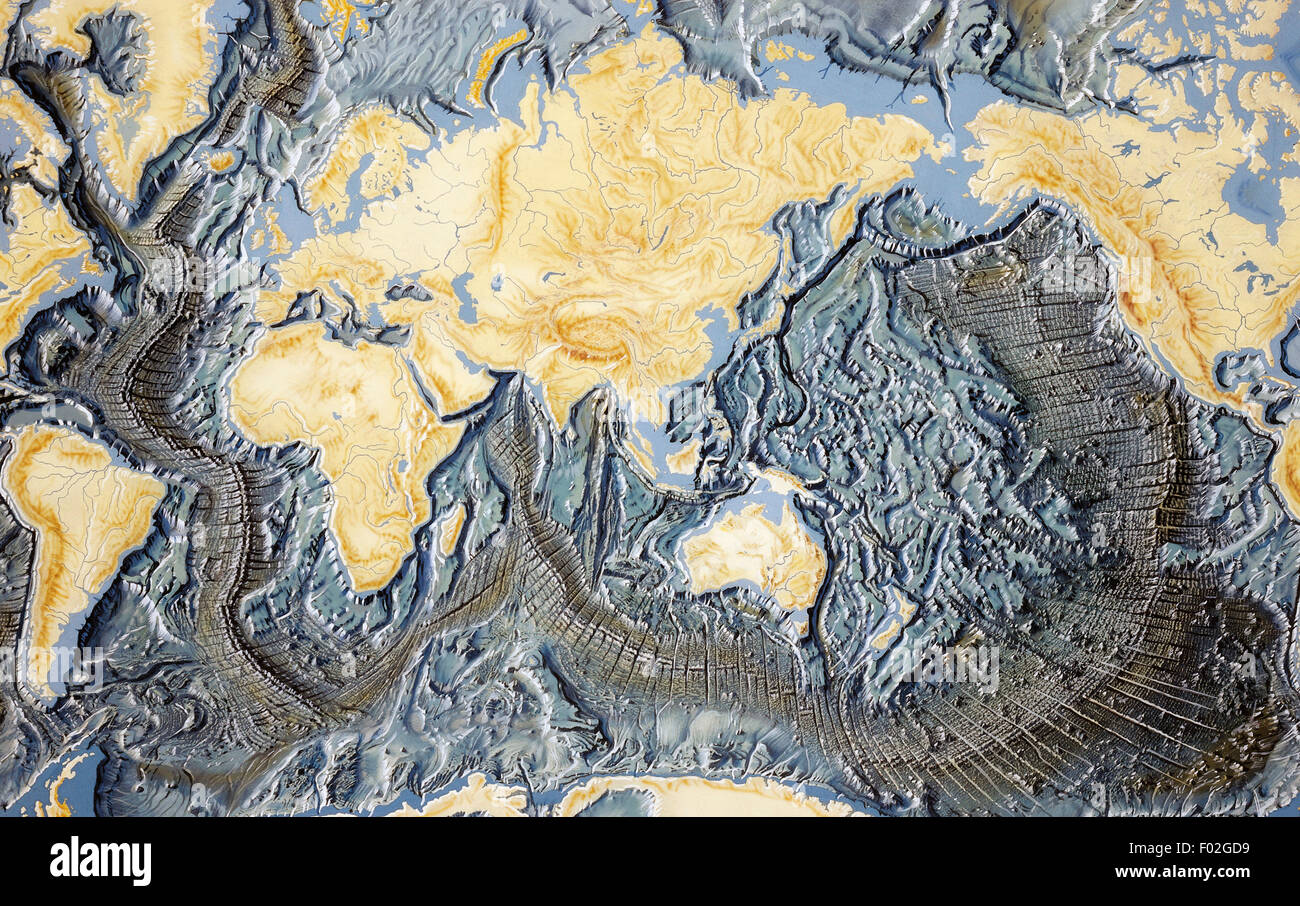 Planisphère de l'étage des océans, de la structure de l'examen à mi-océanique des tranchées où nouvelle croûte est créé. Illustration couleur. Banque D'Images