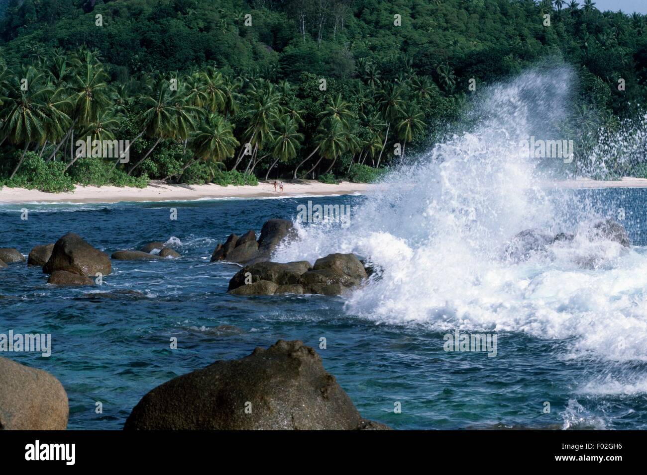 Vagues se brisant sur les rochers de l'île de Mahé, Seychelles. Banque D'Images