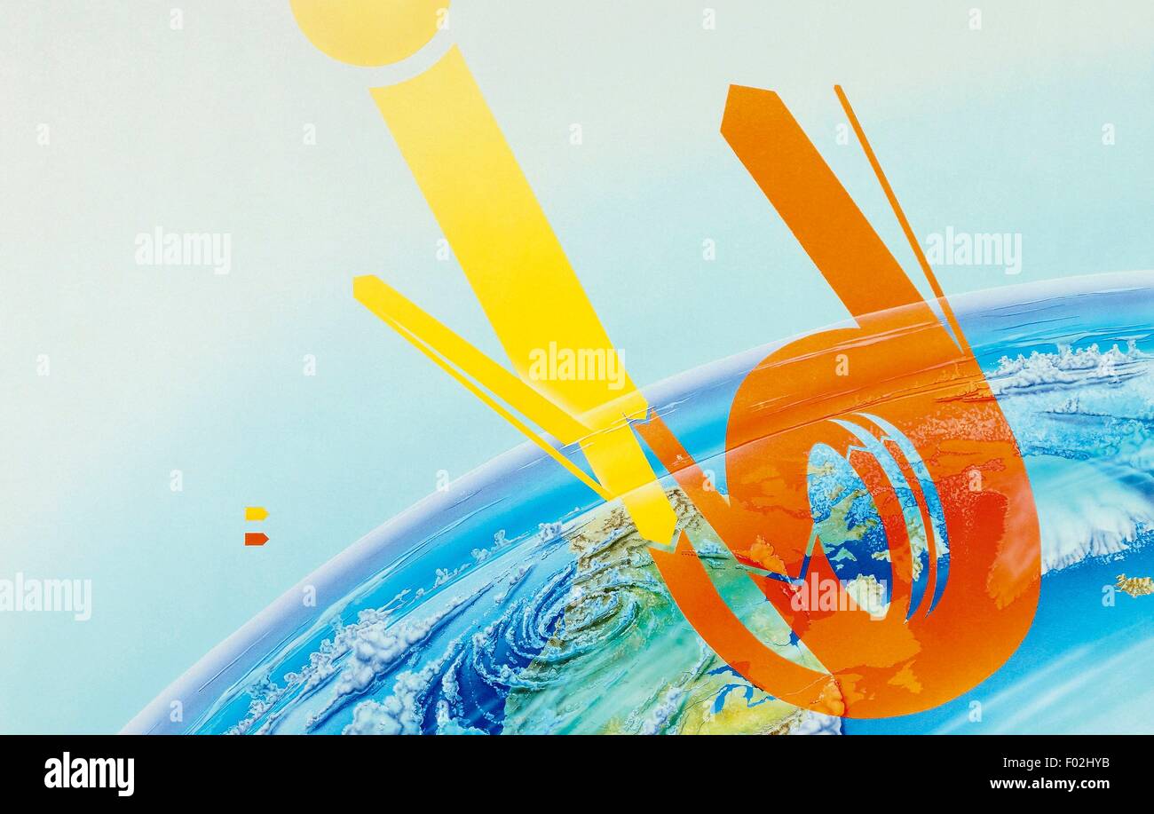 Moteur thermique de la terre, les ondes courtes le rayonnement solaire et le rayonnement terrestre de grande longueur d'onde, le dessin. Banque D'Images