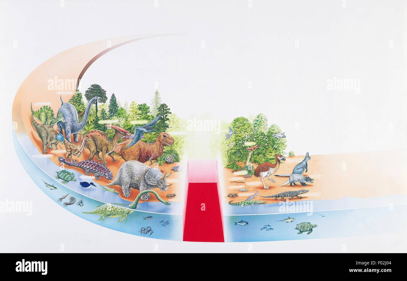 La fin des dinosaures et l'évolution des espèces animales sur la terre après leur disparition, l'illustration. Banque D'Images