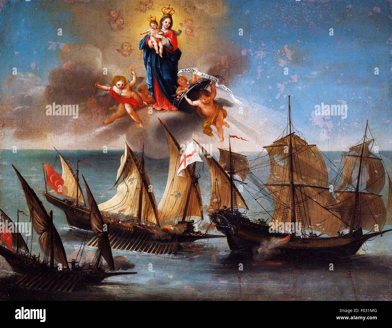 Polish-mâts Genovese bateaux Rose suivie de deux Barbary xebecs, ex-voto marins, l'Italie, 18e siècle, huile sur toile, artiste inconnu, 1796. Banque D'Images