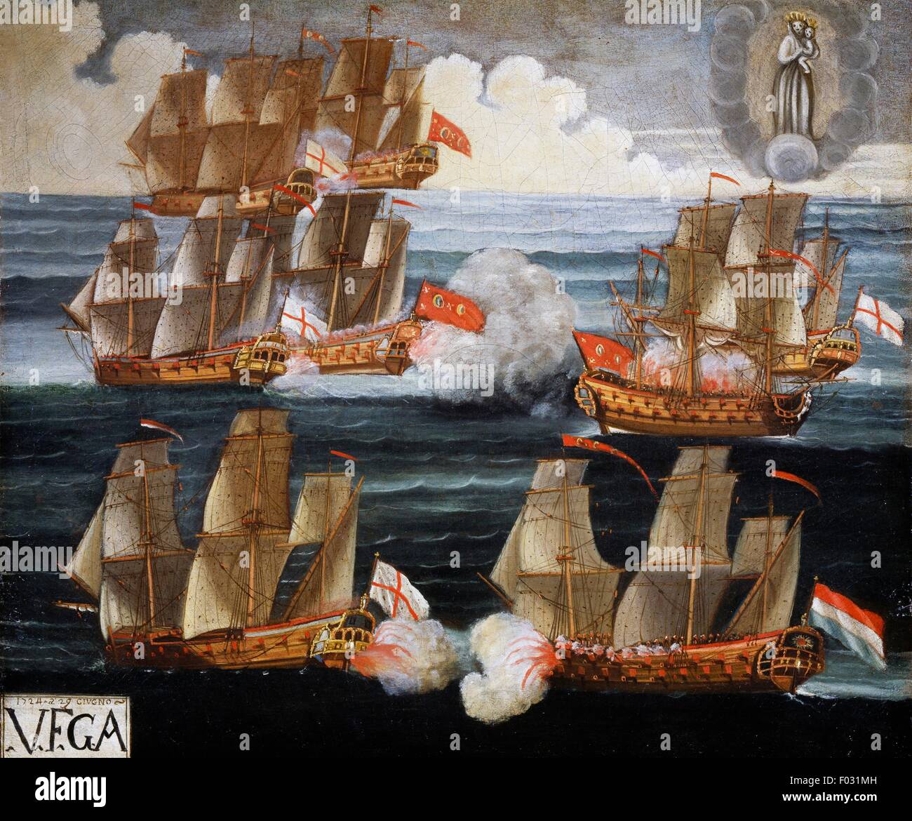 Affrontement entre navires en mer, ex-voto, Italie, 18e siècle, huile sur toile. Banque D'Images