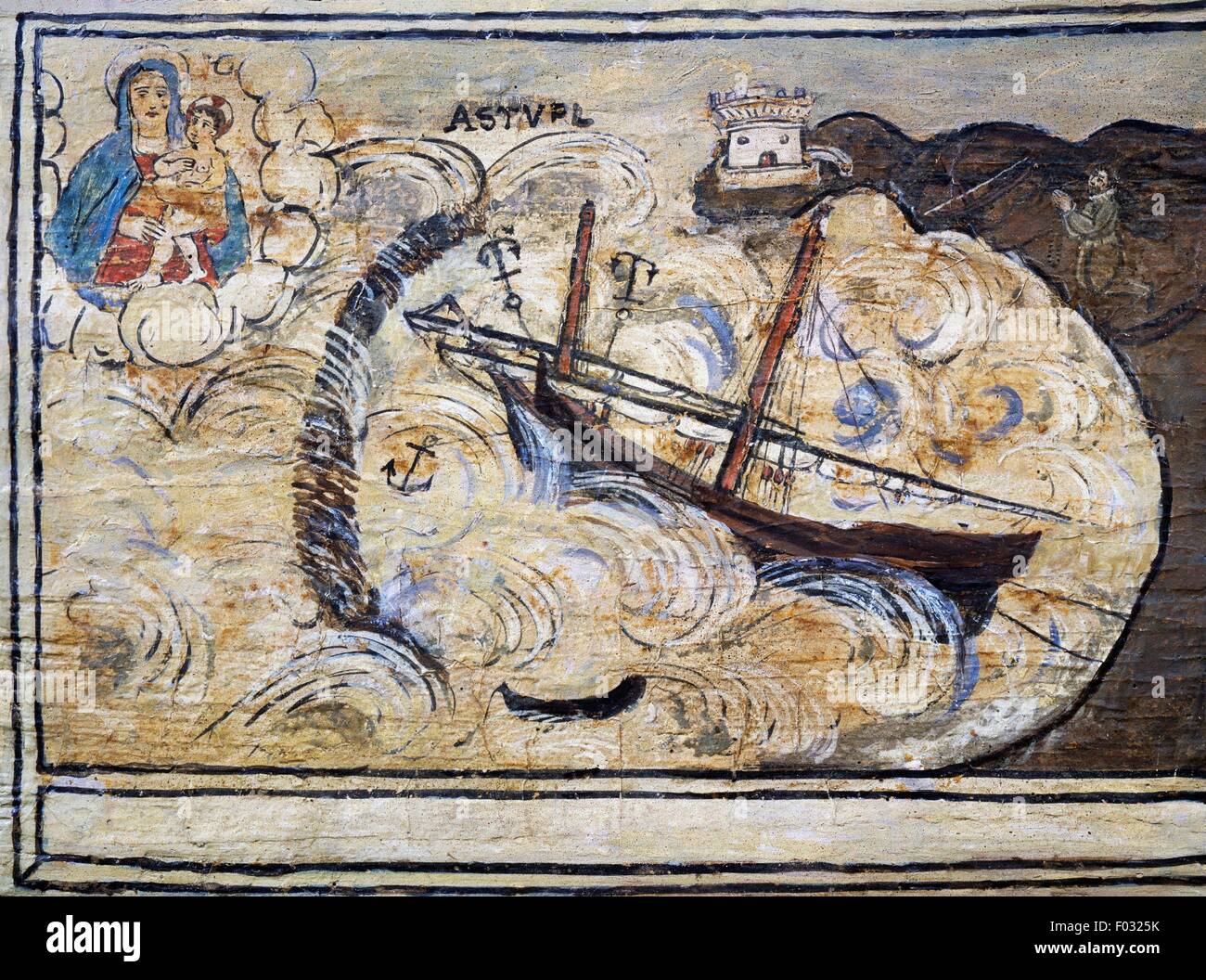 Bateau à voile sur la mer déchaînée, ex-voto marins, sanctuaire de Naples, Campanie, Italie, 18e siècle. Banque D'Images