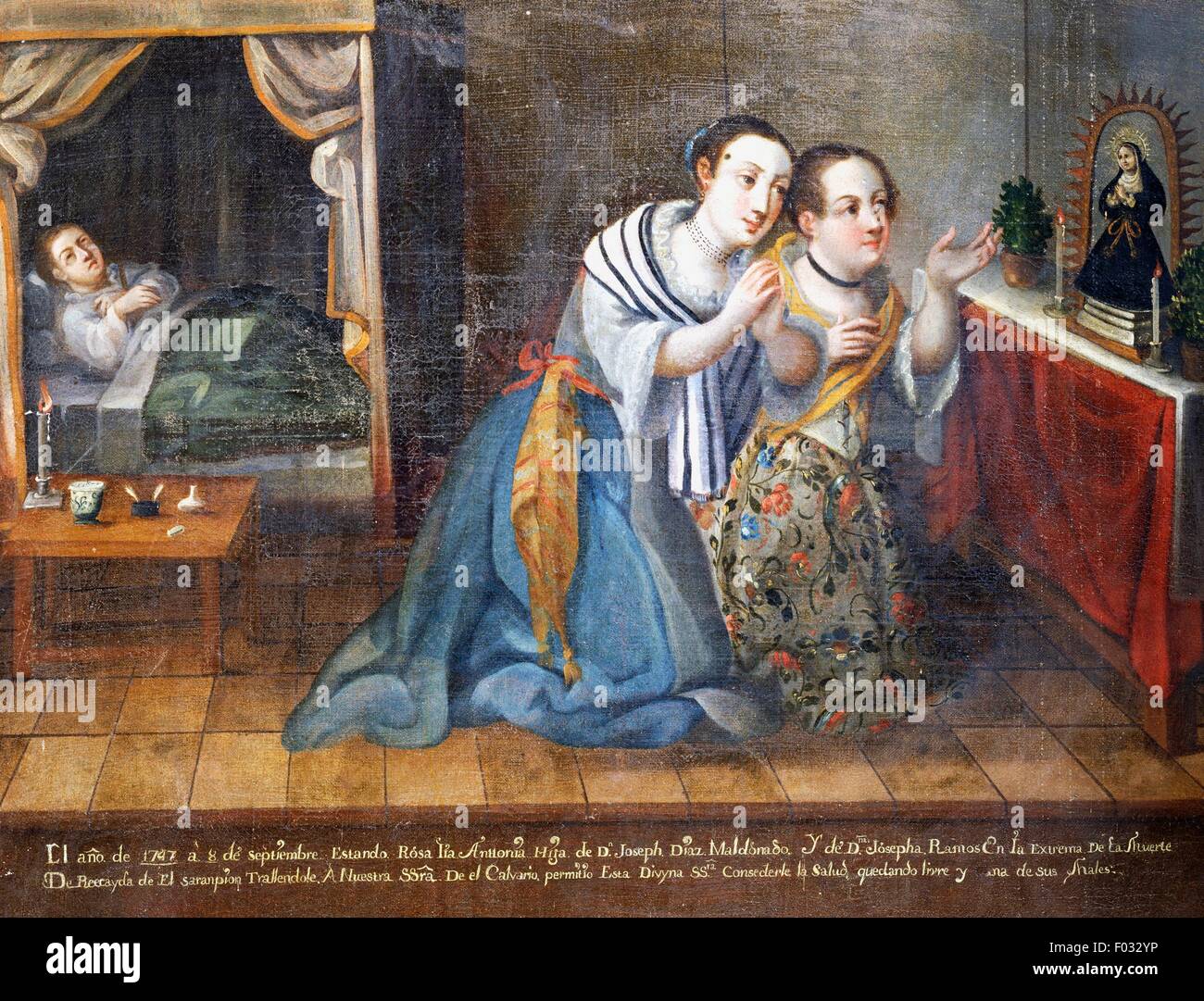 Homme malade au lit avec des femmes dans la prière, Notre Dame du Calvaire, ex voto, 1797. Banque D'Images