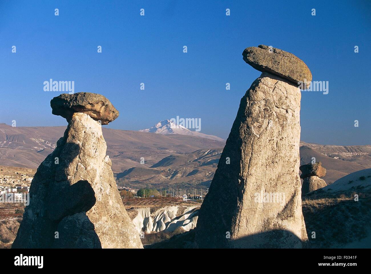 Cheminées de fées (roche volcanique), la vallée de Göreme pyramides (Liste du patrimoine mondial de l'UNESCO, 1985), Cappadoce, Turquie. Banque D'Images
