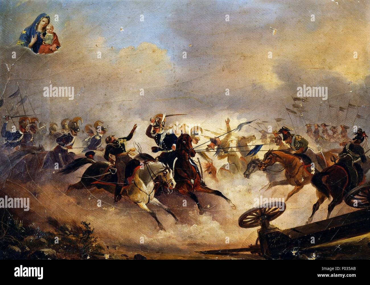 Affrontement entre les Uhlans autrichiens et piémontais de cavalerie régiment de ligne au cours de la deuxième ou troisième guerre d'indépendance, par Felice Cerruti Bauduc (1817-1896), ex voto, Italie, 1859 ou 1866. Banque D'Images