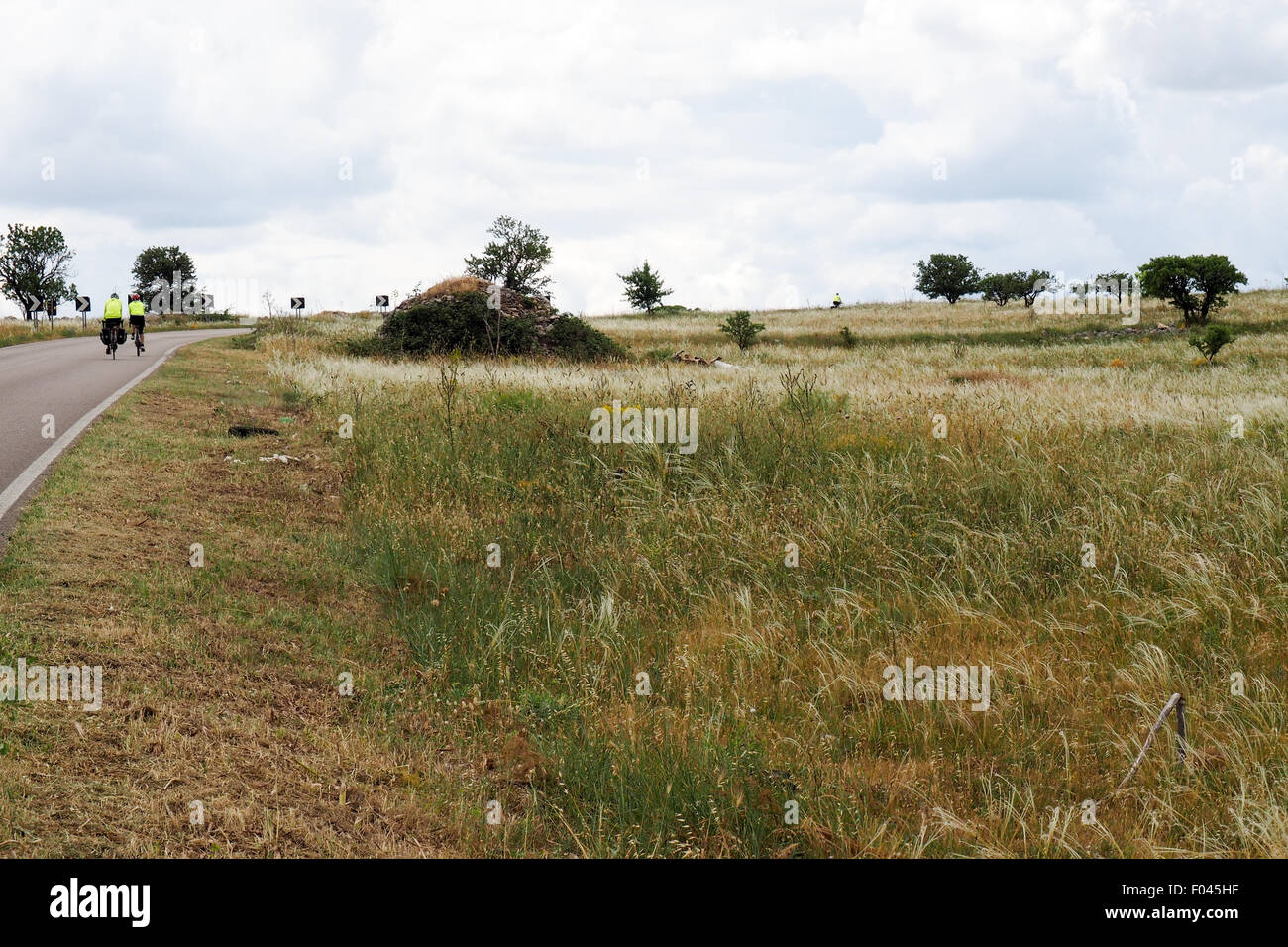 Deux cyclistes équitation leurs bicyclettes sur une route de campagne. Banque D'Images