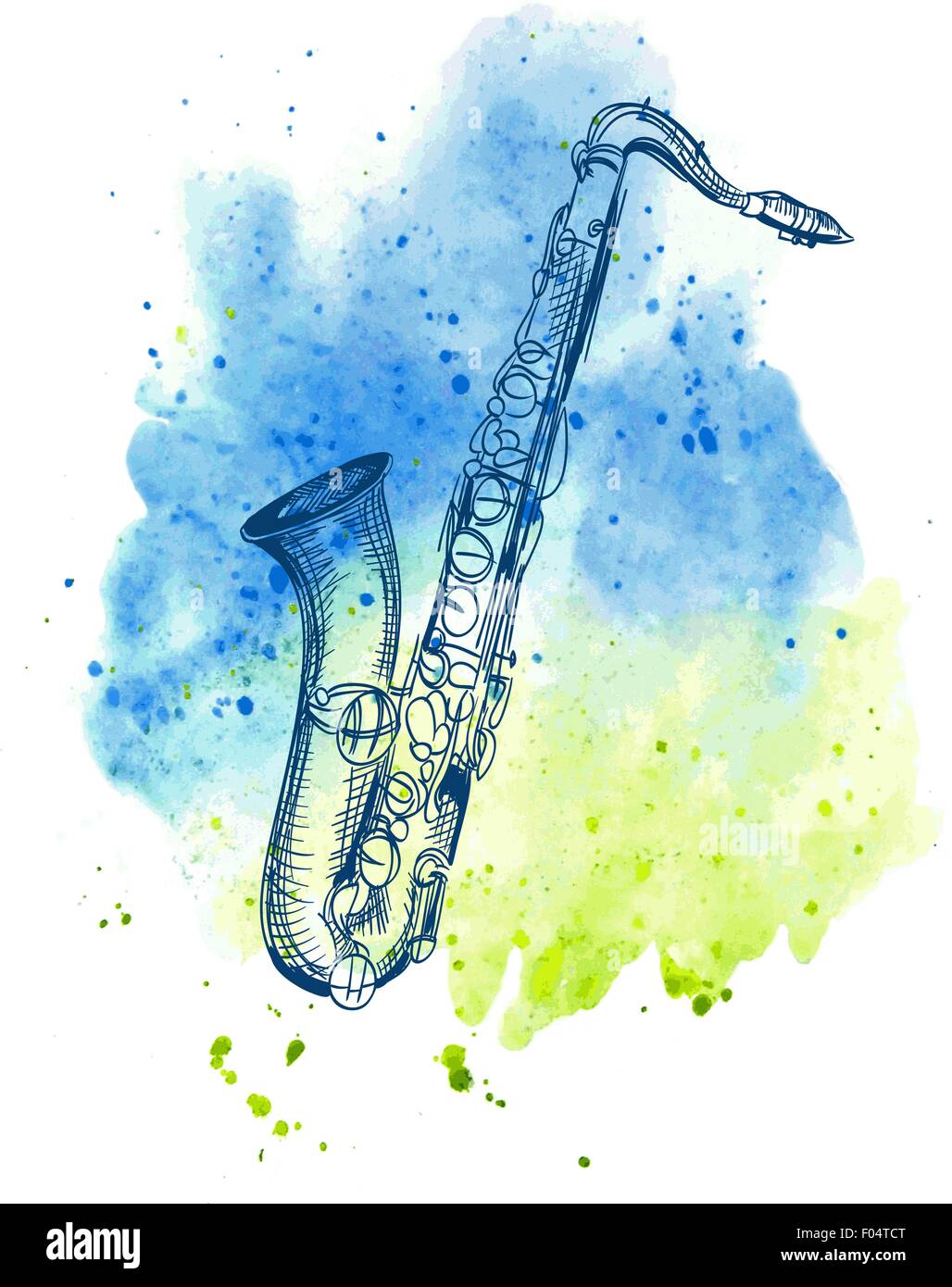 Saxophone alto classique dessiné à la main sur aquarelle splash Illustration de Vecteur